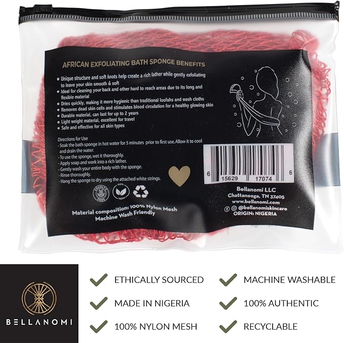 Bellanomi African Exfoliating Net Sponge, Authentic, Ethically sourced from Nigeria, 45 inches Long, Back Scrubber for Daily use (Red)
