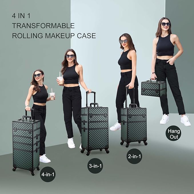 Stagiant Rolling Makeup Train Case Cosmetology Case on Wheels 4 in 1 Cosmetic Box Makeup Travel Case with Key Swivel Wheels Nail Artist Salon Barber StorageTraveling Cart Trunk Dark Green