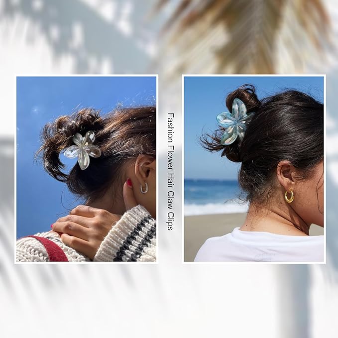 Flower Hair Clips for Women, 4 Pcs Clear Color Hawaiian Flower Hair Claw Clips, Sparkly Cute Large Hibiscus Hair Claw Decorative Accessories For Thick and Thin Hair