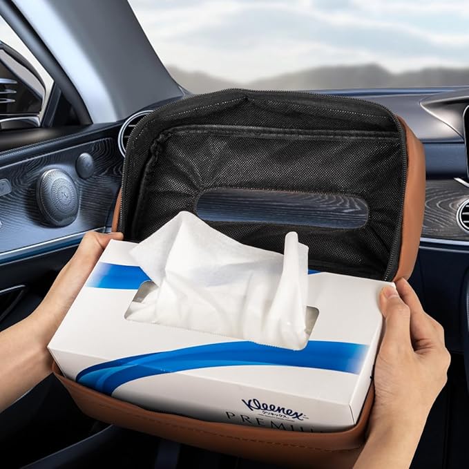 Car Tissue Holder, Standard Tissue Holder for Car Pu Leather Car Napkin Holder, Car Backseat Extra Large Tissue Organization Fit for 120-150 Tissues 9.84'' x 3.94'' x 5.51'' (Matte Brown)