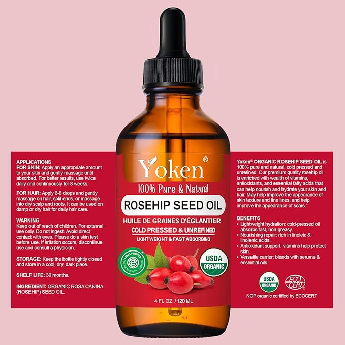 Rosehip Seed Oil for Face, 100% Pure and Natural Cold Pressed Unrefined Organic Rosehip Carrier Oil for Skin, Hair, Body & Nails - Lightweight, Fast-Absorbing (4 fl oz)