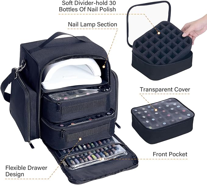 Nail Polish Organizer Case Holds 60 Bottles Portable Travel Storage Box with 2 Detachable Bags, Designed for Women's Nail Tools, Essential Oils and Cosmetics Sets Black