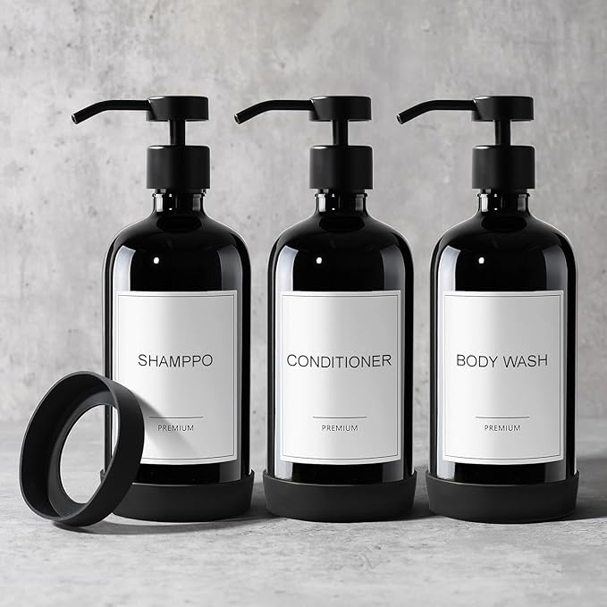 GMISUN Plastic Shampoo and Conditioner Dispenser with Silicone Sleeves, 21 oz Black Shower Soap Dispenser Bottles with Labels, Refillable Shampoo Conditioner Body Wash Dispensers Set of 3
