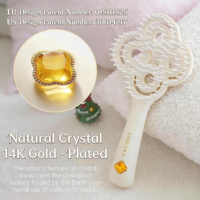 Simetra Detangler Hair Brush for Woman and Men, Original Detangling Brush for Curly Hair/Fine &Thick/Wet & Dry Hair, Flexible Bristles Hairbrush - Natural Crystal Inlay & 14K Gold Plating