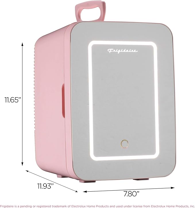 FRIGIDAIRE Mini Personal Fridge Cooler, LED Lighted Mirror, 6.5L Capacity, 9 Cans, 100% Freon-Free & Eco Friendly, for Makeup, Skincare, Portable, Pink