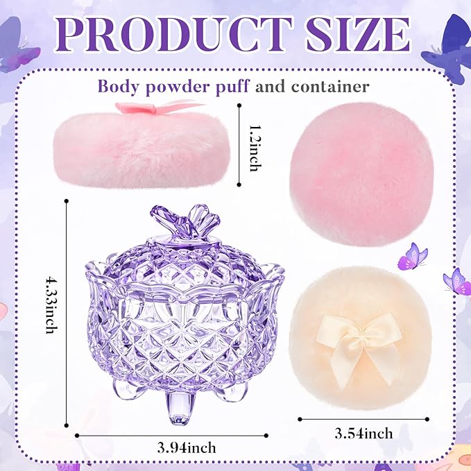 Tioncy 3 Pcs Large Body Powder Puff and Container Valentine's Day gift Powder Container with Puff Crystal Case Soft Washable Reusable Velour Face Body Glitter Wet Dry Makeup(Butterfly,Purple)