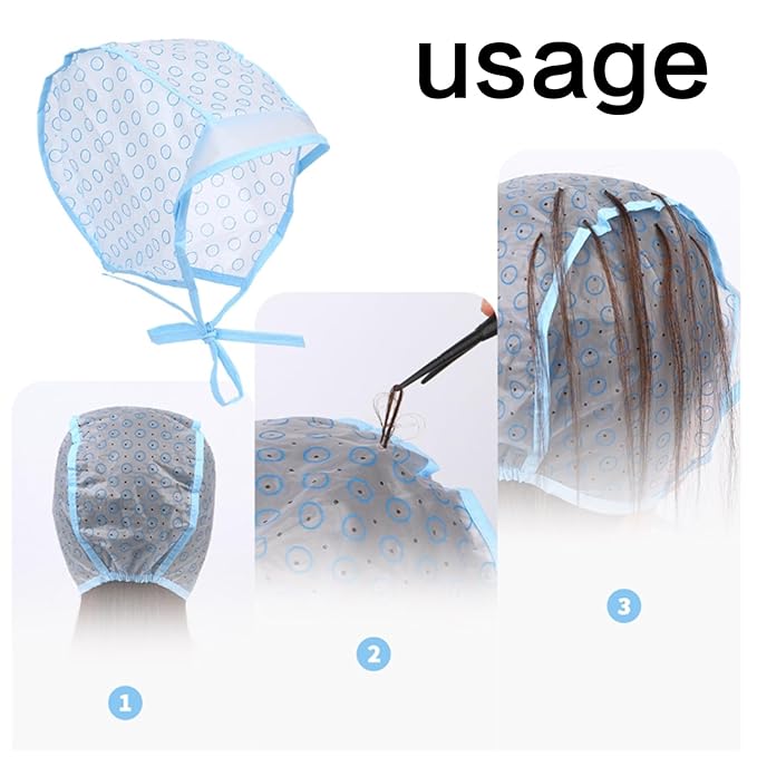 Salon Hair Coloring Dye Cap, 6Pcs Hair Highlighting Caps and Needles Crochet Hooks Disposable Highlight Tipping Cap Coloring for Salon and Home Use Highlighting Supplies