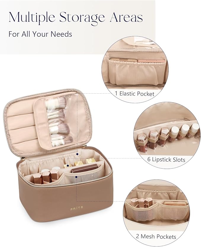 Prite Makeup Bag, Large Capacity Portable Travel Cosmetic Bag, Waterproof Makeup Organizer for Women with Handle and Divider (001 Brown)