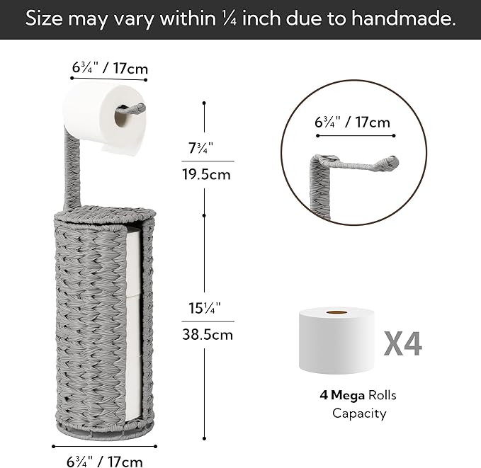 GRANNY SAYS Wicker Freestanding Toilet Paper Holder Stand with Storage, Modern Covered Toilet Paper Stand for 4 Rolls with Shelf for Wet Wipes, Tissue Holder for Bathroom Decor and RV, Gray