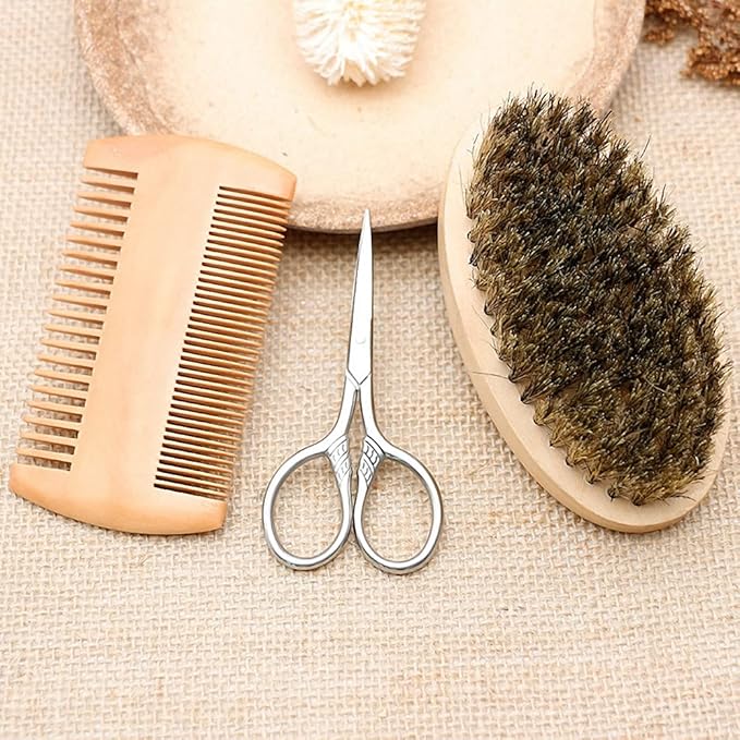 Hair Dough Beard Brush & Comb, Scissors Set for Men, Set Includes Soft Boar Bristle Brush, Bamboo Wide Tooth Comb, and Mustache Trimming Scissors, Straighten & Soften Your Beard
