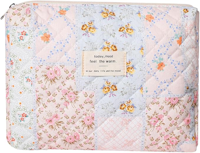 uekeboag Quilted Cotton Makeup Bag,Coquette Quilted Toiletry Bag for Women and Girls,Floral Coquette Pouch,Cute Kawaii Travel Cosmetic Bags(03 Pink Flower)