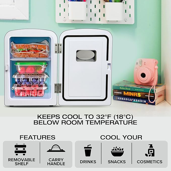 Koolatron Mini Fridge- Black Refrigerator 6 Can Portable Cooler for Bedroom Office Dorm Car Compact Fridge for Drinks Makeup Skincare Dual Power 12V 110V