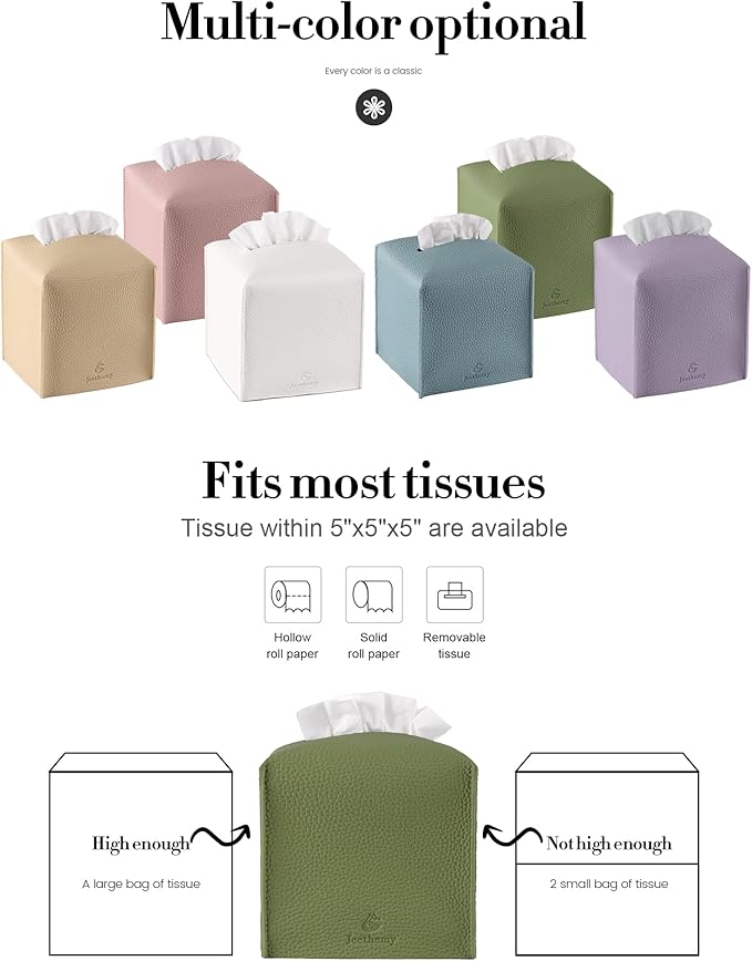Tissue Box Cover, Jeethemy Square PU Leather Tissue Box Holder, Modern Tissue Case Facial Paper Organizer Dispenser，5X5X5'',Double Green