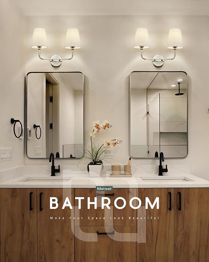 2-Light Bathroom Light Fixtures, Brushed Nickel Vanity Lights, Double Wall Sconce with Flared White Fabric Shade, Modern Sconces Wall Lighting for Hallway Bedroom Stairway, VL837-BN-2-S