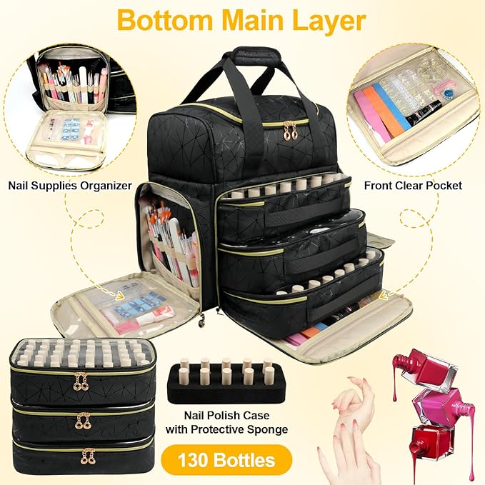 Nail Polish Organizer Backpack Holds 130 Bottles (15ml/0.5fl.oz)& Nail Lamp, Extra Large Nail Kit Storage Bag with 3 Removable Carrying Cases, Nail Tech Supplies Organizer Case for Women Black