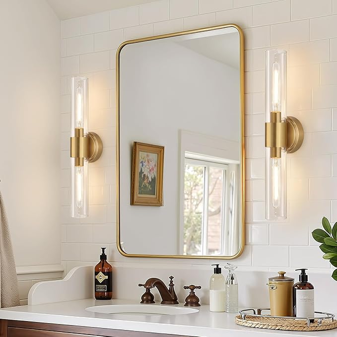 Wall Sconces Set of Two, Brushed Gold Bathroom Sconces Wall Lighting with Clear Glass, Hardwired Modern Sconces Wall Decor Set of 2 for Bathroom Mirror Bedroom Living Room Hallway