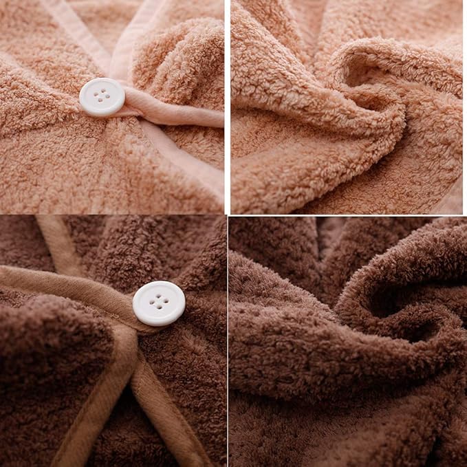 2 Pack Hair Drying Towels, Hair Wrap Towels, Absorbent Microfiber Hair Towel Turban with Button Design to Dry Hair Quickly(Coffee& Pink)