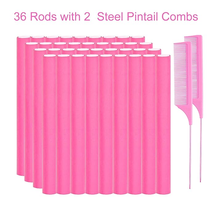 38PCS Flexible Curling Rods, 9.45" FlexiRods for Natural Long Hair, No Heat Heatless Bendy Foam Hair Curlers, with 2 Steel Pintail Combs