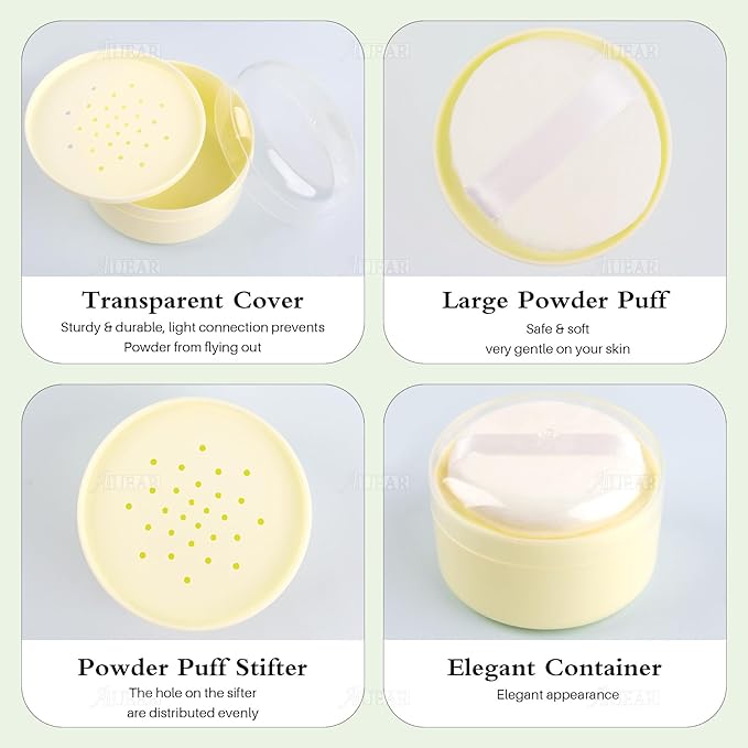 AUEAR, 2 Pcs After-Bath Empty Body Powder Container Puff Box with Sifter for Home and Travel (Yellow, 3.43" x 2.36")
