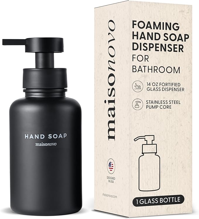 MaisoNovo Glass Foaming Hand Soap Dispenser 14 Oz | Black Foaming Soap Dispenser Black Plastic Pump x 1 w/Labels