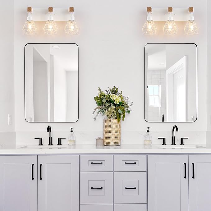 White Bathroom Vanity Light Fixtures, 3-Light Wood Bathroom Light Fixtures Over Mirror, Rustic Sconces Wall Lighting with Elegant Metal Lampshade for Living Room, Bedroom, Hallway