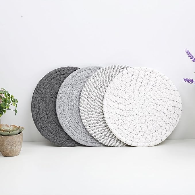 SHACOS 8 Inches Trivets for Hot Dishes, 4 Pieces Cotton Trivets Mats for Kitchen, Hot Pads for Countertops and Table, Heat-Resistant Pot Holders for Hot Pots and Pans(Gray, 4pcs)