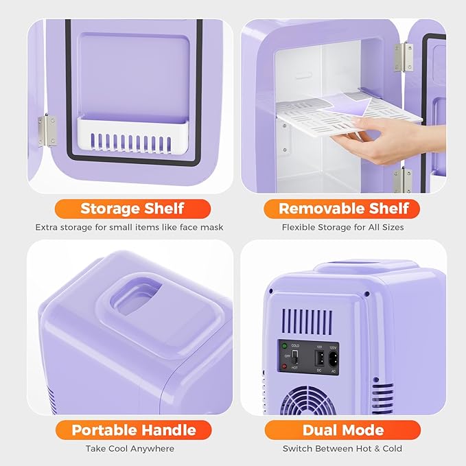 Mini Fridge, 4 Liter/6 Can Mini Makeup Fridge, 110V AC/ 12V DC Portable Thermoelectric Cooler&Warmer for Skincare, Drink, Cosmetic, Medicine, Small fridge for Bedroom, Office, Dorm, Car, Purple