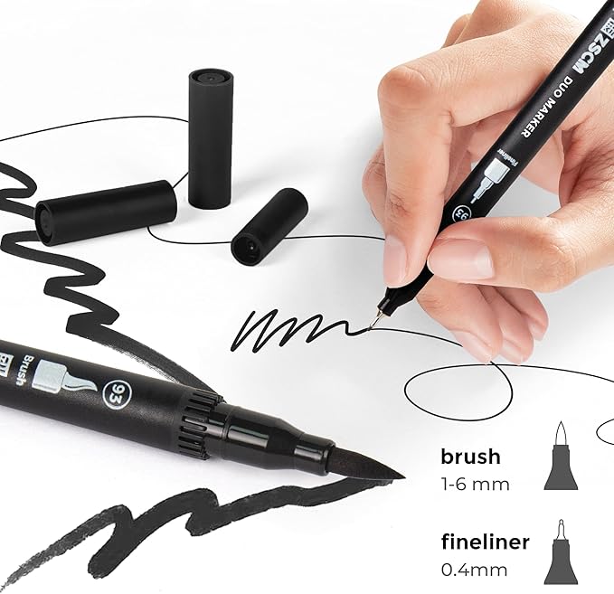 Black Duo Tip Marker Pens, 12 Pack Fine & Brush Markers for Adult Coloring Books No Bleeding, Jet Black Markers for Outlining, Sketching, Japanese Manga, Calligraphy and Graphic Novels
