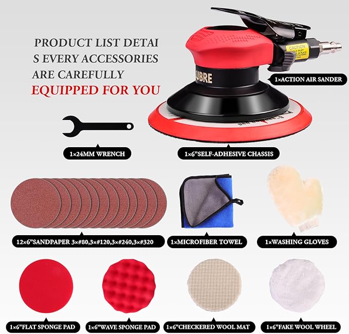 pneumatic Air Sander 5/6 Inch DA Palm Sander for auto body, High Speed Random Orbital Sander for Woodworking & Auto Polishing (6 Inch)