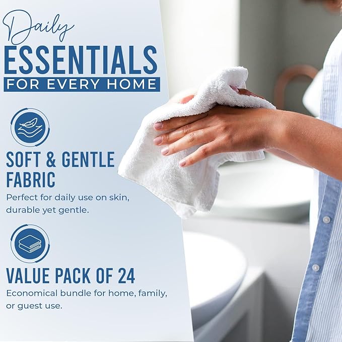 DAN RIVER 24 Pack Wash Cloths for Showering [12x12] - 100% Cotton Washcloths Premium Quality Flannel Face Cloths for Bathroom, Highly Absorbent and Soft Feel Wash Clothes, Grey & White