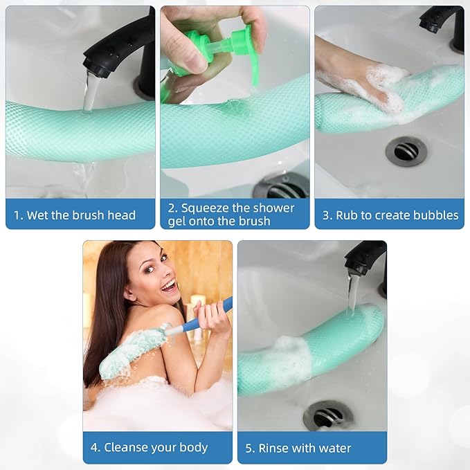 Shower Body Brush Skin Exfoliating Curved Back Scrub Brush Massage Bath Brush Extra Large Curved Handle European and American Hand-Shaped Removable Bold Long Handle Back Washer (Black-White)