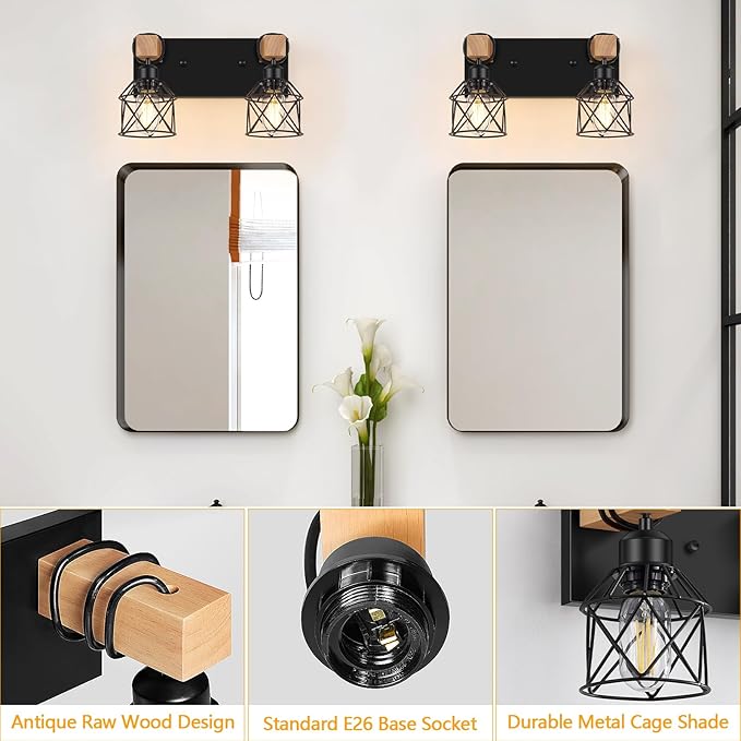 FadimiKoo 2-Light Farmhouse Bathroom Vanity Light Fixtures, Wood Bathroom Lighting Over Mirror, Black Rustic Sconces Wall Lighting with Metal Lampshade for Living Room, Bedroom, Hallway