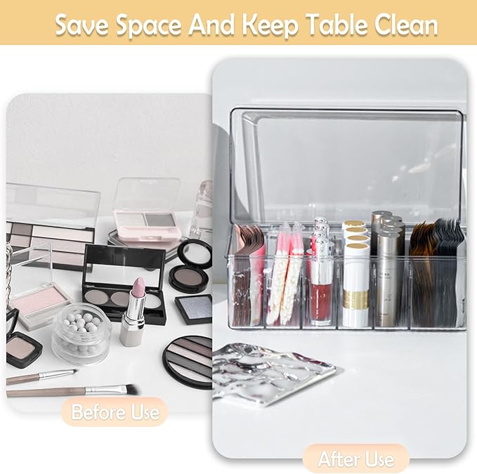 Acrylic Lash Extension Organizer with Lid, 6 Compartment Lash Cart Storage for Lash Techs, Clear Secure Lid Eyelash Supplies Organizer for Salon & Home Use