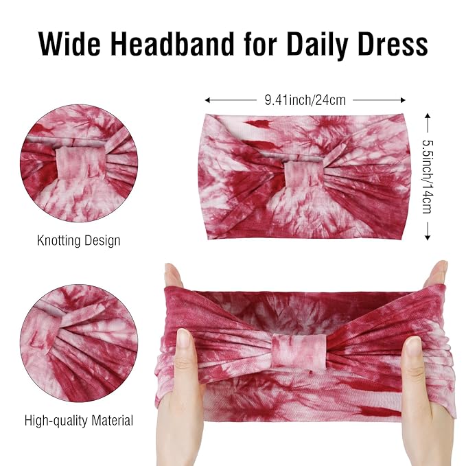 Huachi Tie Dye Headbands for Women, 4 Pack Wide Headbands in Boho Style, Non Slip Hairbands for Workout, Yoga, Running, Hair Accessories for Girls, Women's Hair Turban, African Knotted Head Wraps