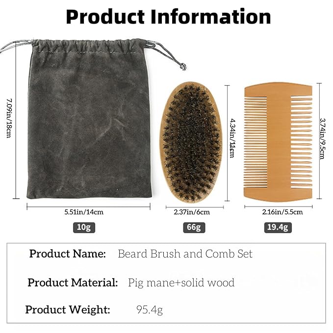 Beard Brush and Comb Set for Men Boar Bristle Beard Brush, Wooden Comb & Travel Pouch White Elephant Gifts, Christmas Stocking Stuffers for Husband Dad Boyfriend Portable Beard Grooming Kit