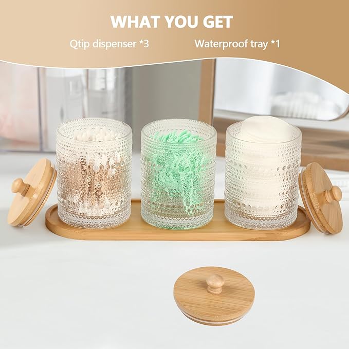 3 Pack Qtip Holder - Bathroom Organizers and Storage, Cotton Round Pad Holder Floss Pick Cotton Ball Holder with Tray, Glass Apothecary Jars with Lids, -clear y D
