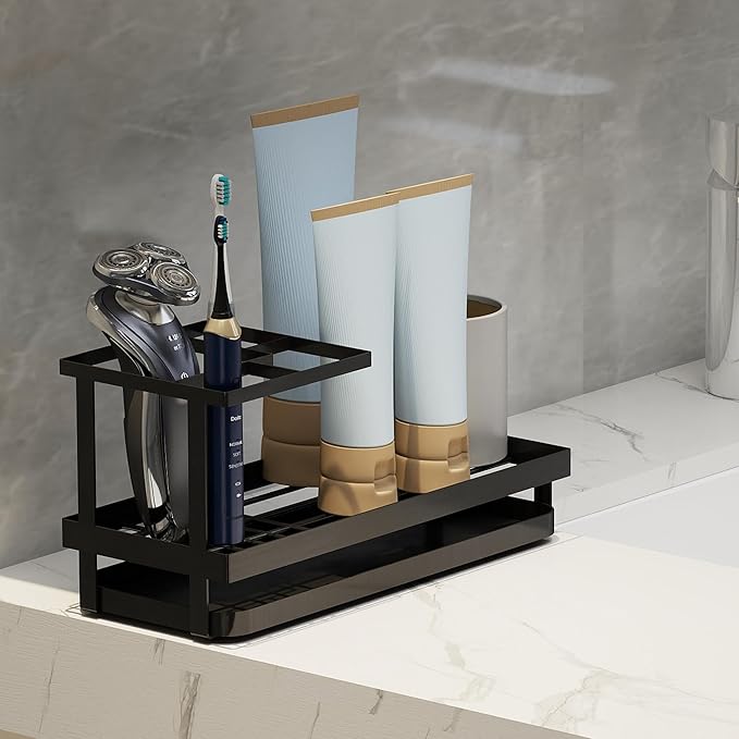 Toothbrush Holders for Bathroom,Carbon Steel Bathroom Organizer Countertopr for Electric Toothbrush,Toothpaste and Razors-Which is Perfect for Countertop Storage,Shower,Sink (Black)