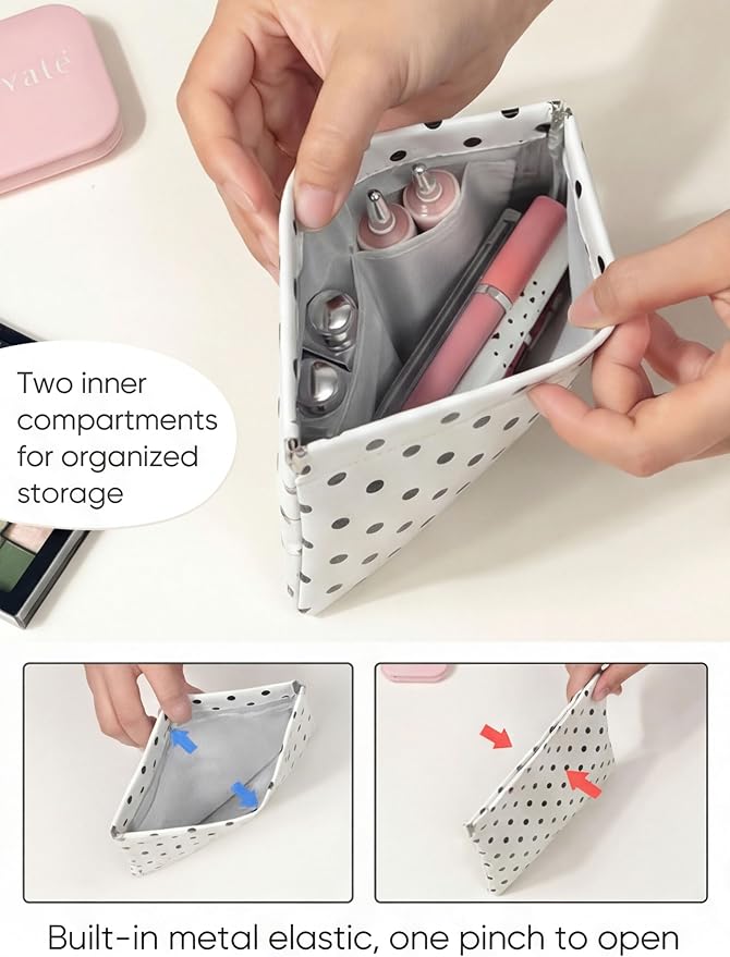 Dots Leather Makeup Pouch Set for Women Small Make Up Bag for Purse Waterproof Initial Makeup Cosmetic Bags Pouches for Purse Aesthetic Travel Toiletry Bag,White Black