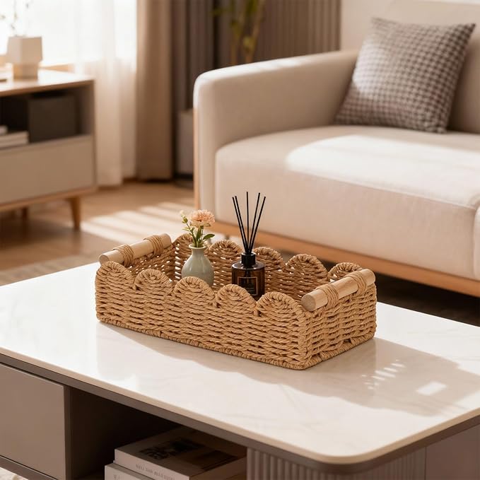 Set of 2 Paper Rope Scalloped Edge Decor Baskets, Small Storage Basket and Toilet Paper Basket for Toilet Paper Storage, Bathroom, Living room, Bedroom & More, 2 Wooden Handles, Neutral