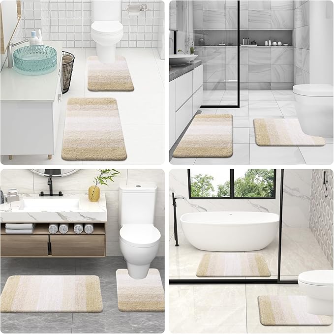 OLANLY Bathroom Rugs Sets 3 Piece, Soft Absorbent Microfiber Bath Mats and U-Shaped Contour Toilet Rug, Plush Shaggy Bath Mat Set for Bathroom (47"x20"+24"x16"+24"x20", Light Beige)