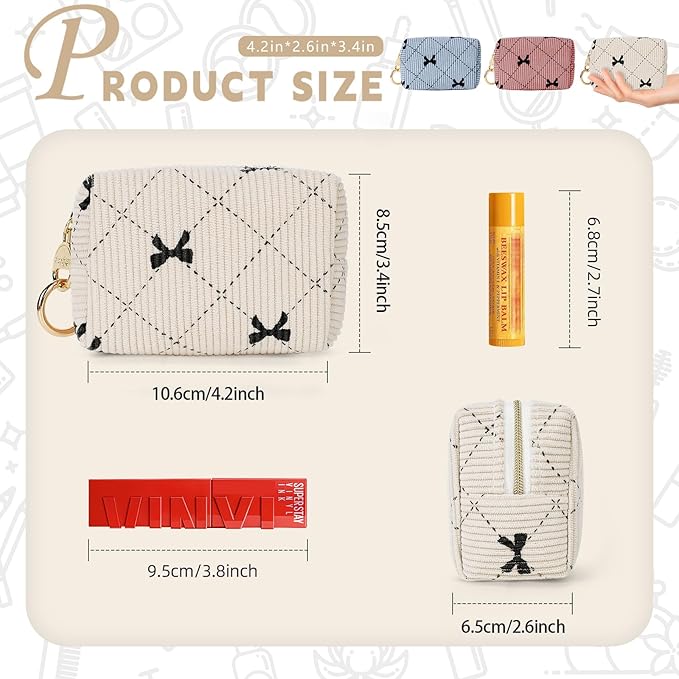 Mini Makeup Bag, Corduroy Small Cosmetic Bag for Purse with Ring Buckle, Bow Tie Travel Makeup Pouch for Lipsticks, Chapsticks, Coin, Earphone, Credit Card (Pink)