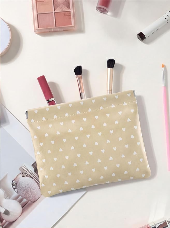 Hearts Leather Makeup Pouch Set for Women Small Make Up Bag for Purse Waterproof Initial Makeup Cosmetic Bags Pouches for Purse Aesthetic Travel Toiletry Bag,Light Brown