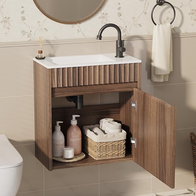 VINGLI 18" Floating Fluted Bathroom Vanity with Ceramic Sink, Wall Mounted Bathroom Vanity Cabinet with Fluted Single Door&White Ceramic Basin Top, 18 Inch Floating Wall Sink Cabinet Combo,Walnut