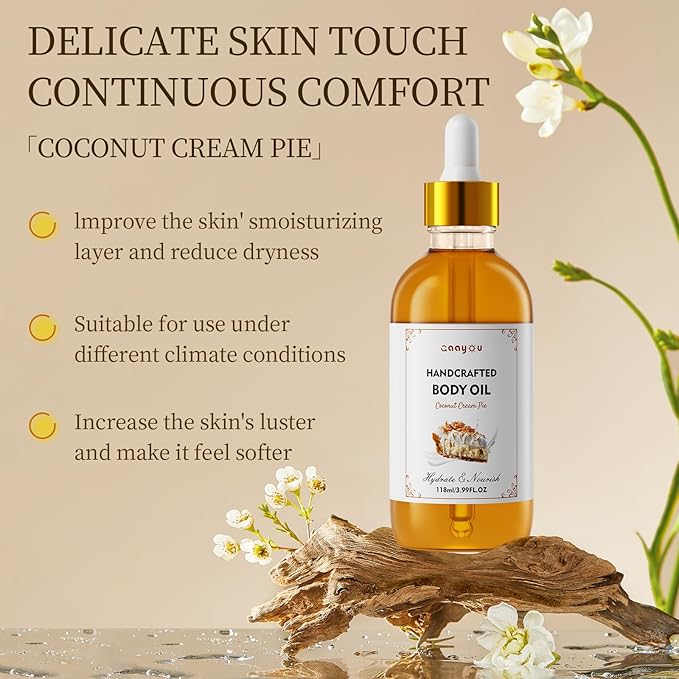 Coconut Cream Pie Body Oil Handcrafted Body Oil Moisturizing Coconut Oil Soothing Comfort Scented Juicy Body Oils for All Skin Types