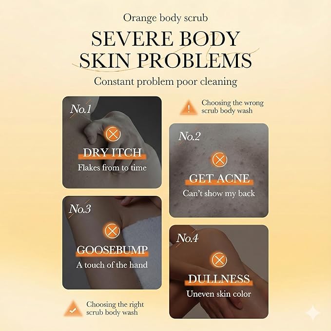 Orange Exfoliating Body Wash - [300ml] Vitamin C Brightening Shower Gel with Natural Scrub - Citrus Scented Mild Body Scrub for Glowing Skin & Roughness - Refreshing Daily Cleanser