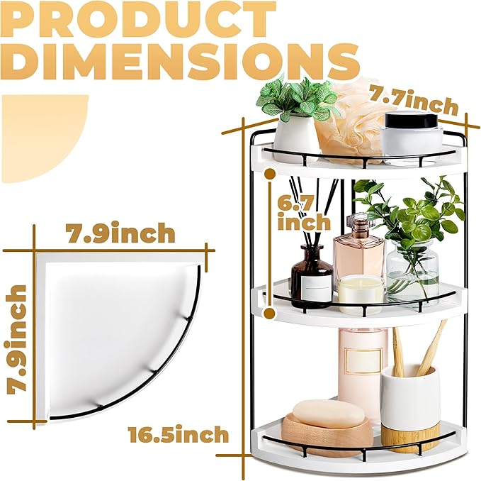 3 Tier Bathroom Counter Organizer, Bathroom Counter Tray and Vanity Organizer, Wood Corner Countertop for Kitchen, Dresser (White)