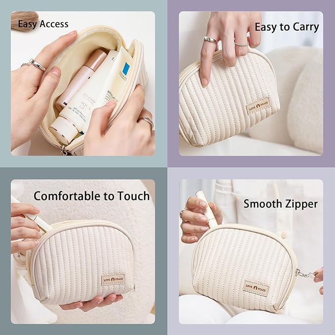 Small Makeup Bag for Purse Mini Cosmetic Pouch Waterproof Makeup Organizer for Women Small Cosmetic Bag PU Leather Travel Makeup Bag Lipstick Bag with Zipper Beige