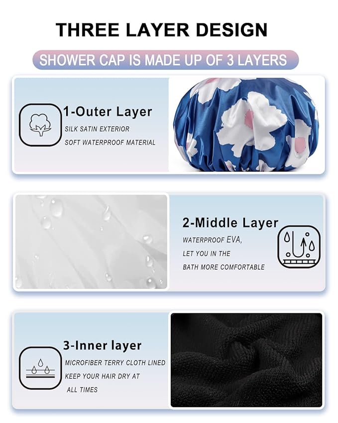YIZIJIZI Terry Lined Shower Cap,Triple Layer Large Cap for Women,Shower Cap Reusable Waterproof,Long Thick Hair(Blue)