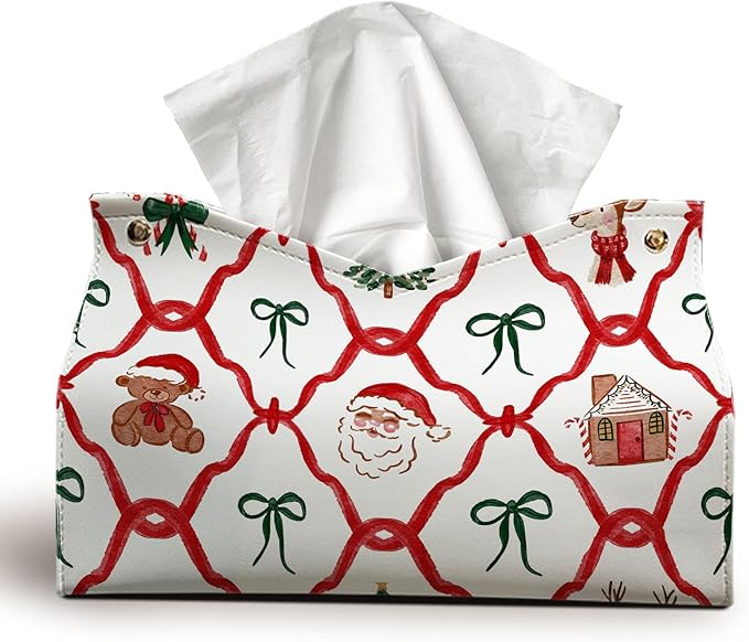 Christmas Tissue Box Cover Rectangle, Green Red Tissue Box Holder, Santa Bows Winter PU Leather Tissue Covers Decorative for Home Office Kitchen, Cute for Women Girls 9.8x5.9x5.9