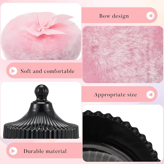 Tioncy 3 Pcs Large Body Powder Puff and Container Valentine's Day gift Powder Container with Puff Crystal Case Soft Washable Reusable Velour Face Body Glitter Wet Dry Makeup(Classic,Black)